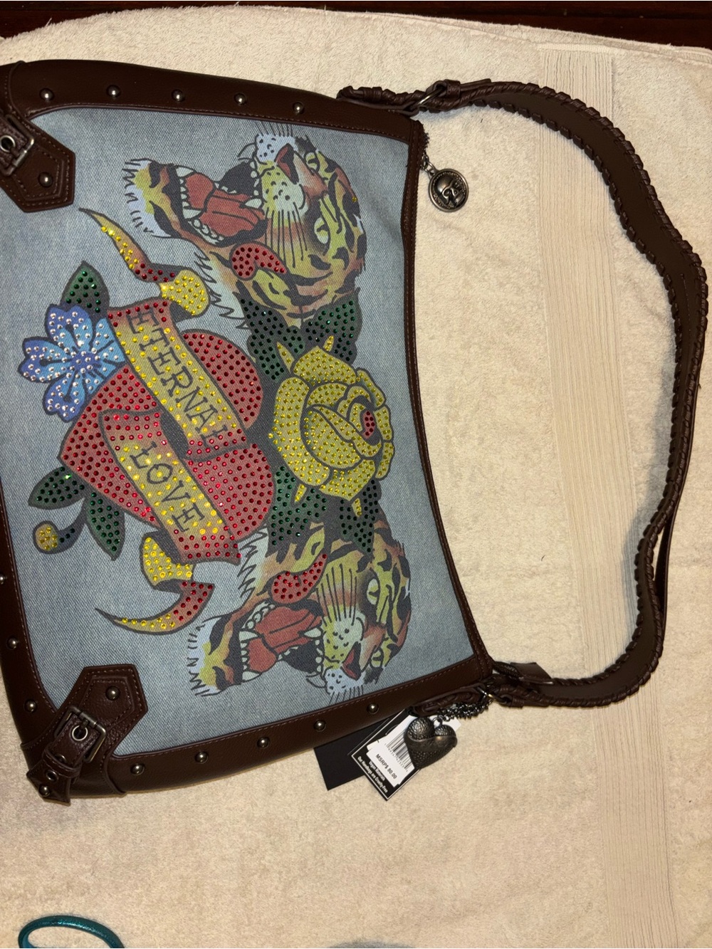 Ed Hardy Blue Canvas Tiger & Rose Studded Shoulder Bag with Brown Trim